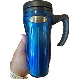 VTG Starbucks Barista Travel Coffee Mug w/ Lid Handle Tumbler 16 oz 2002 Blue